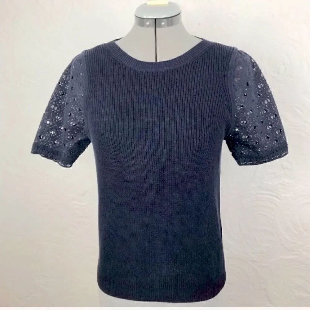 J. Crew Navy Blue Lace Short Sleeve Knit Popover Sweater Top